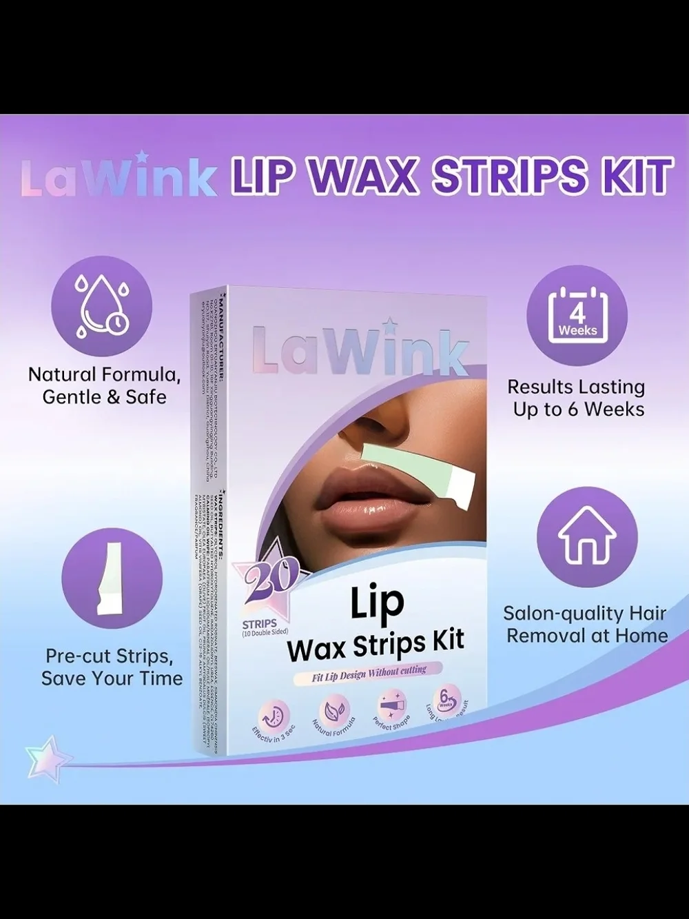 LAWINK 20pcs Upper Lip Wax Strips, Facial Wax Strips Kit with Calming Oil Wipes
